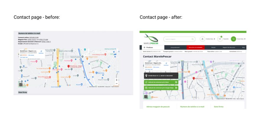 Contact page map of Marele Pescar: before & after